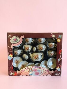 Vintage 15pc Miniature Porcelain Toy Tea Set Teddy Bear Graphics